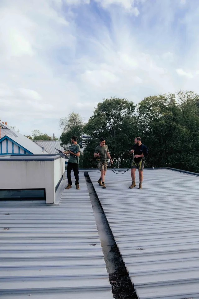 Box gutter with leaf build-up on a Melbourne metal roof